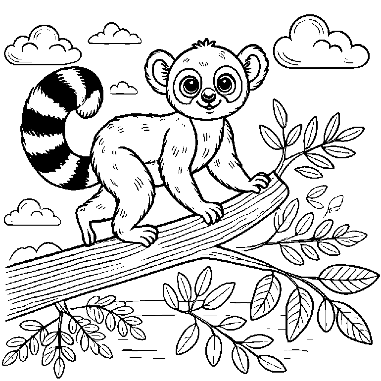 Ausmalbild Affe auf Baum: Lemur