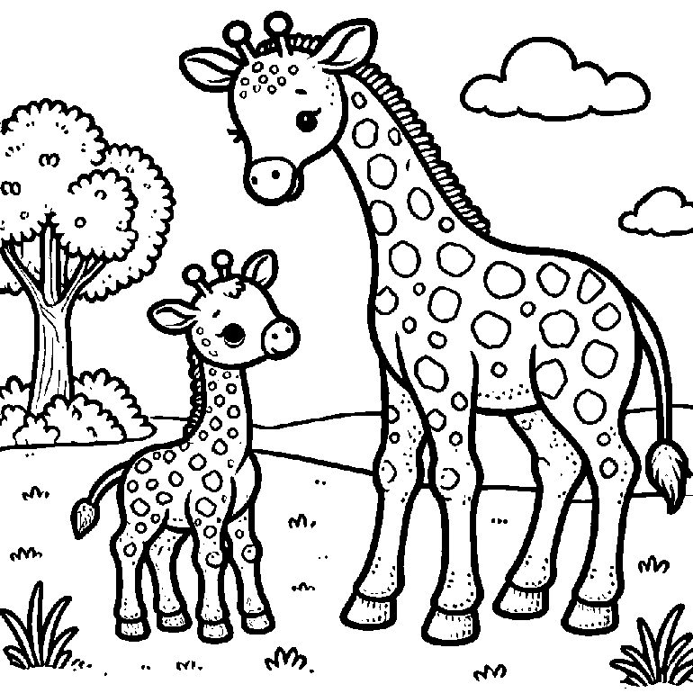 Ausmalbild Giraffe mit Baby