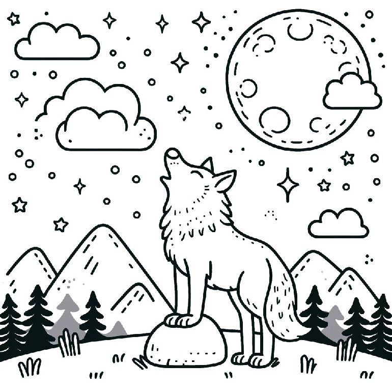 Ausmalbild Wolf und Mond