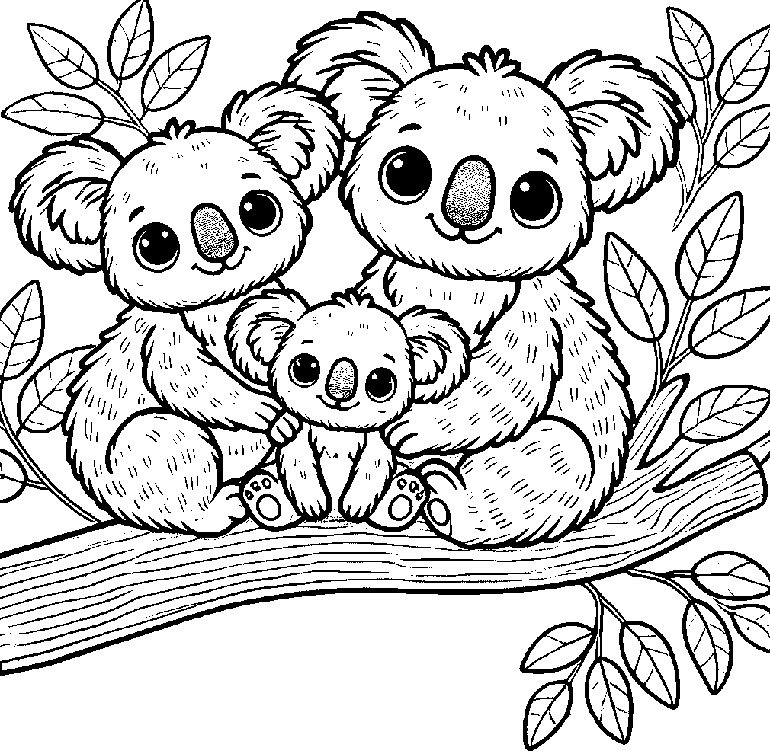 Ausmalbild Koala Familie